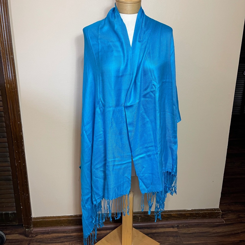 Pashmina Silk Blend Shawl Turquoise Blue Fringed Wrap Scarf 28x68 Women Luxury
